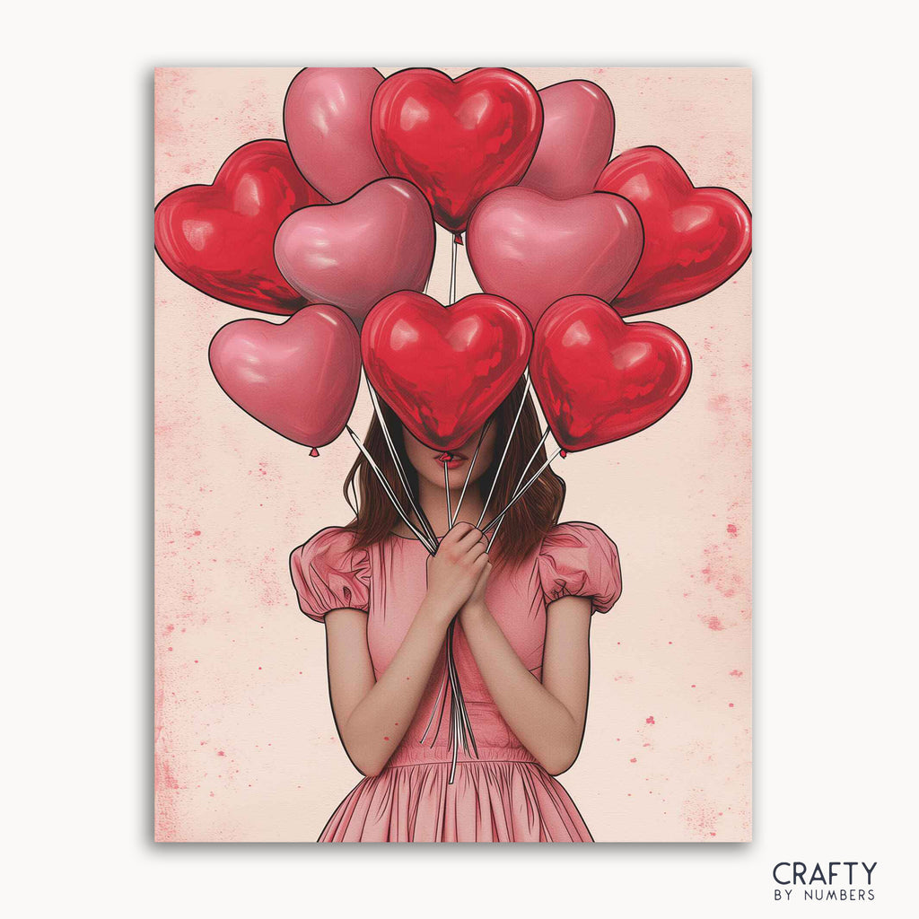 A paint-by-numbers kit image featuring a person with red heart-shaped balloons covering their head, on a pink background.