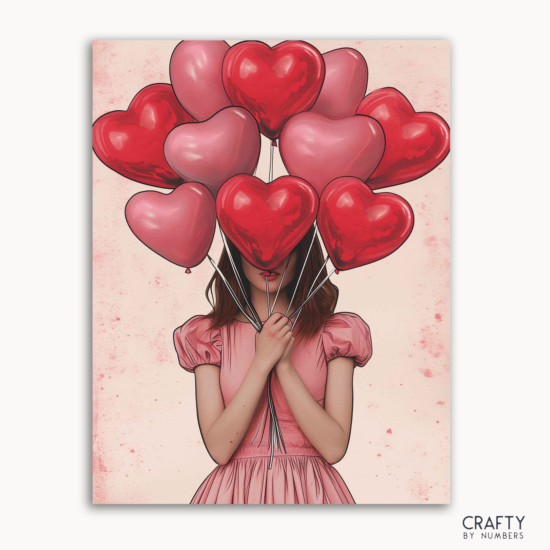 A paint-by-numbers kit image featuring a person with red heart-shaped balloons covering their head, on a pink background.