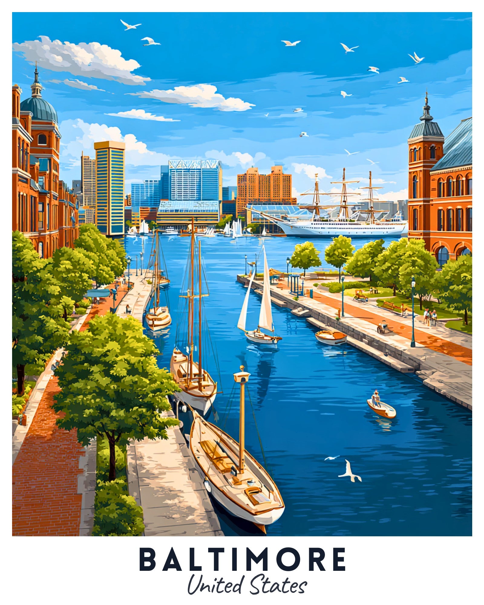 Illustration of Baltimore with boats on the harbor and city buildings.