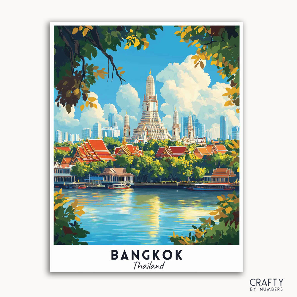 A travel poster depicting the city of Bangkok, Thailand, with the iconic Wat Arun temple, traditional Thai rooftops, and the Chao Phraya River, framed by leaves against a blue sky.