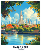 A travel poster depicting the city of Bangkok, Thailand, with the iconic Wat Arun temple, traditional Thai rooftops, and the Chao Phraya River, framed by leaves against a blue sky.