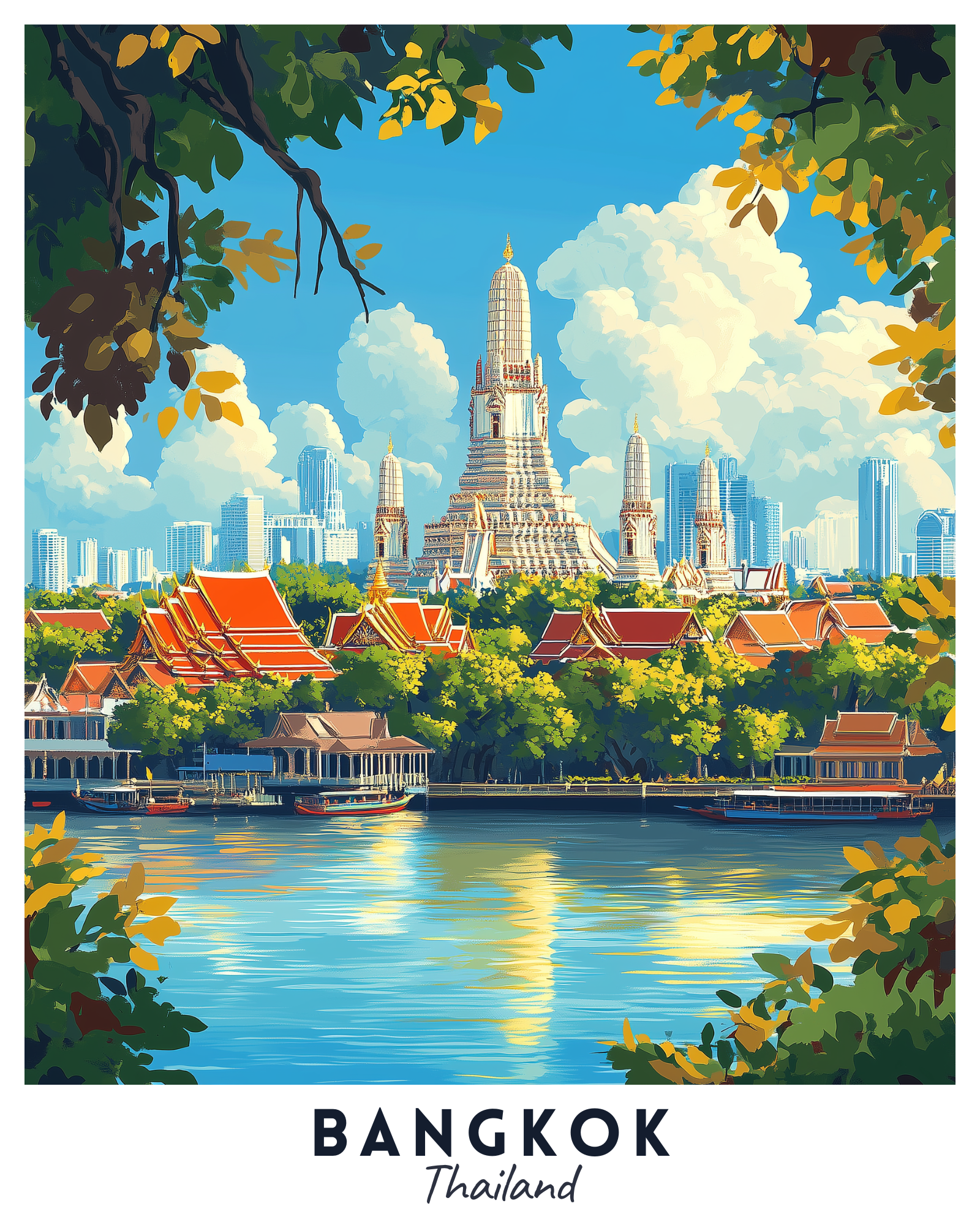 A travel poster depicting the city of Bangkok, Thailand, with the iconic Wat Arun temple, traditional Thai rooftops, and the Chao Phraya River, framed by leaves against a blue sky.