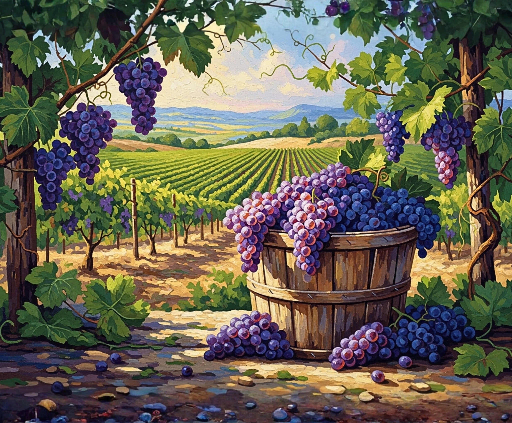 Painting of a vineyard with grapes and a wooden barrel.