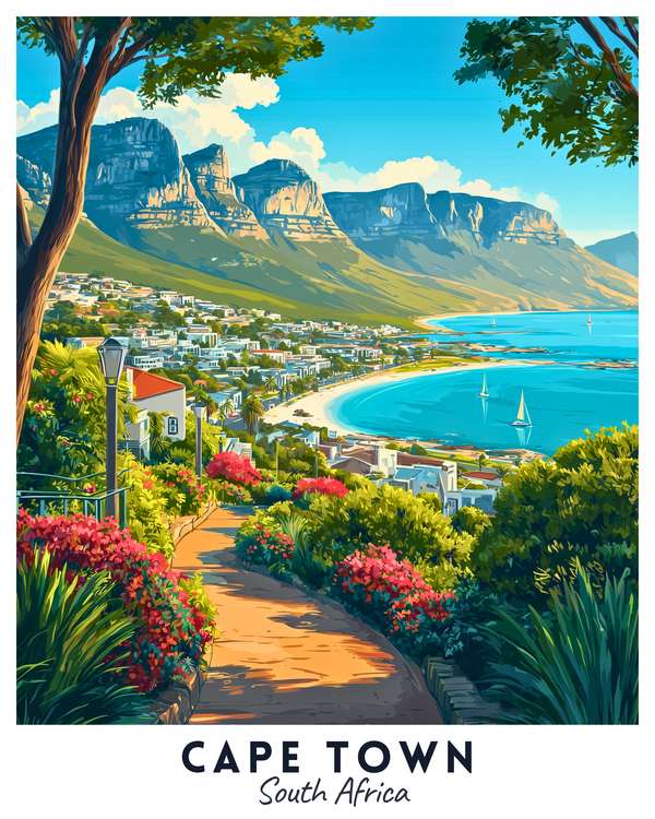 Scenic view of Cape Town with Table Mountain and a coastal town.