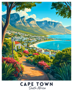 Scenic view of Cape Town with Table Mountain and a coastal town.