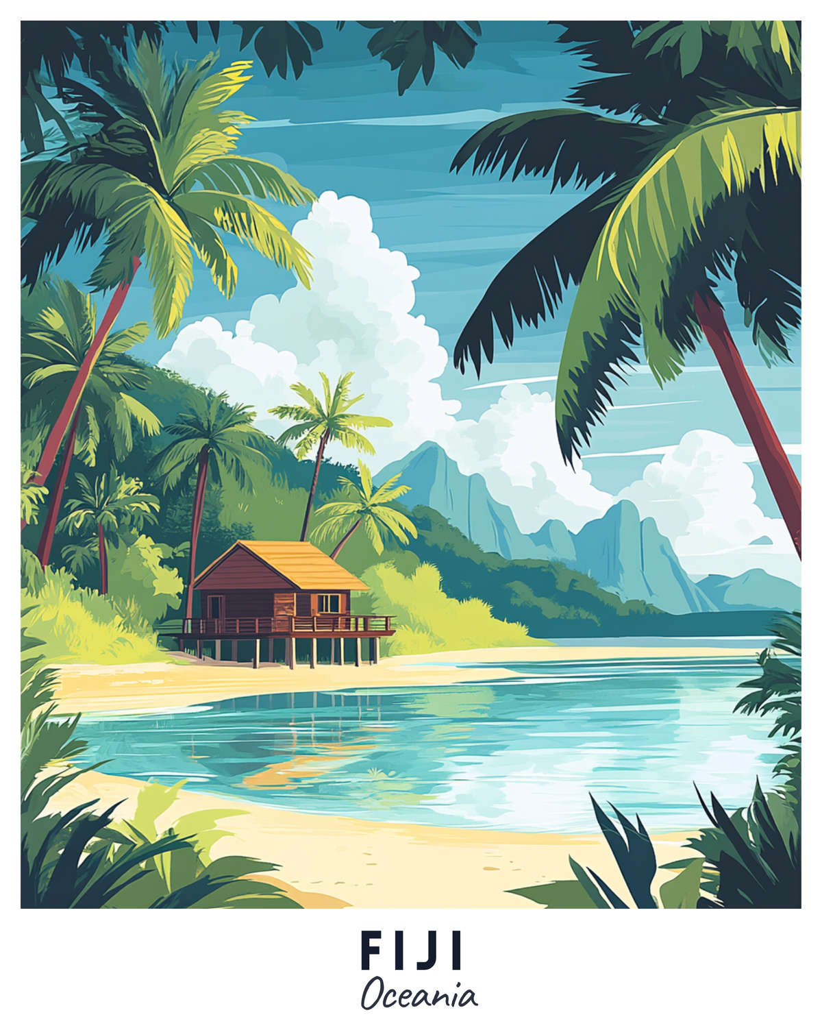 Un kit de peinture par numéros pour affiche de voyage représentant une scène tropicale avec des palmiers, un bungalow sur pilotis et des montagnes en arrière-plan.
