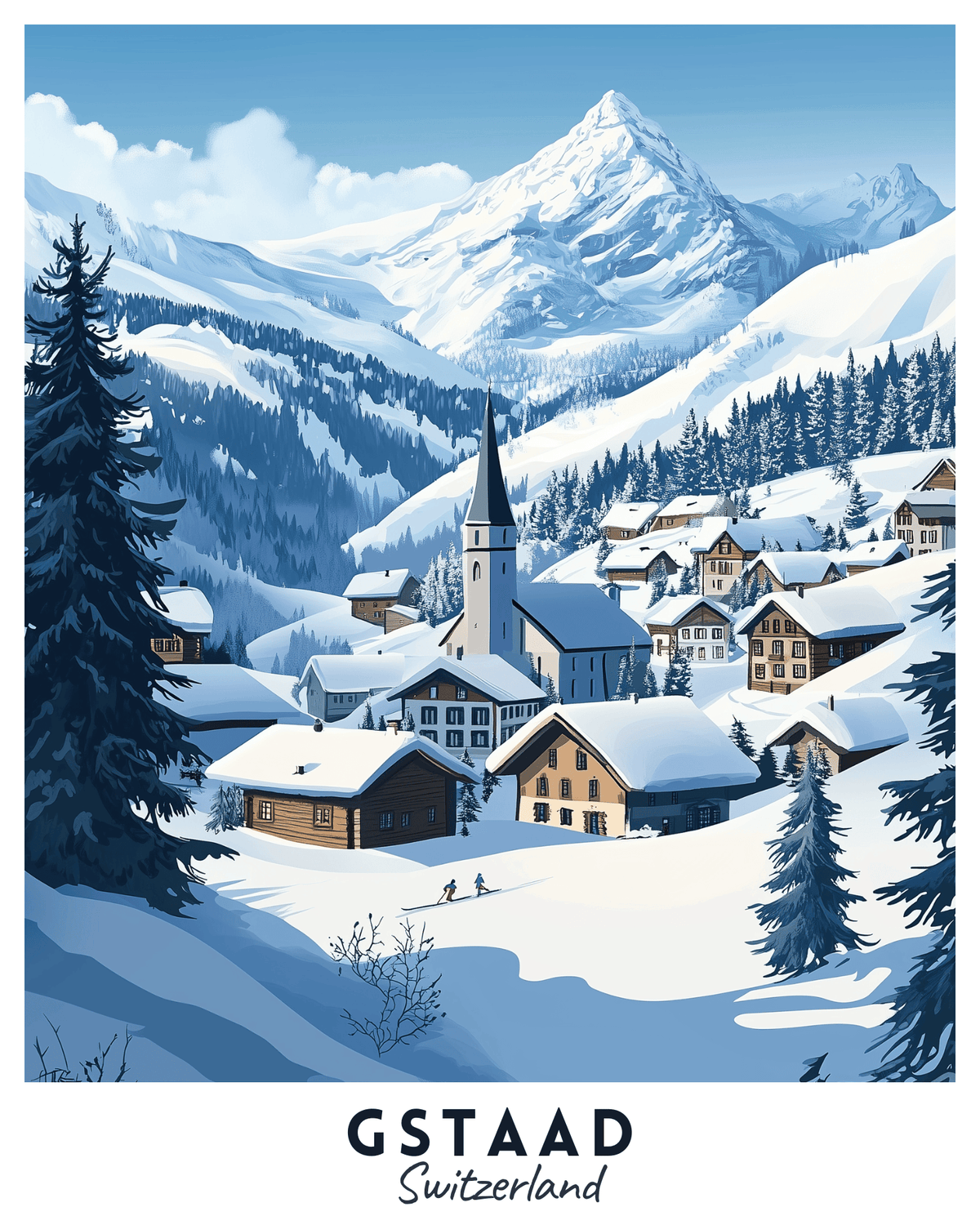 Ein Malen-nach-Zahlen-Set, das eine Winterszene eines schneebedeckten Dorfes in den Schweizer Alpen mit der Aufschrift „Gstaad, Schweiz“ zeigt.