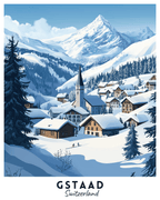 A paint by numbers kit depicting a winter scene of a snow-covered village in the Swiss Alps, labeled 'Gstaad, Switzerland'.