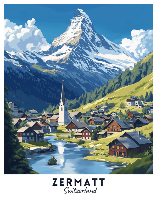 A travel poster depicting the Swiss Alps with a village at the foot of a tall mountain, labeled 'Zermatt Switzerland'.