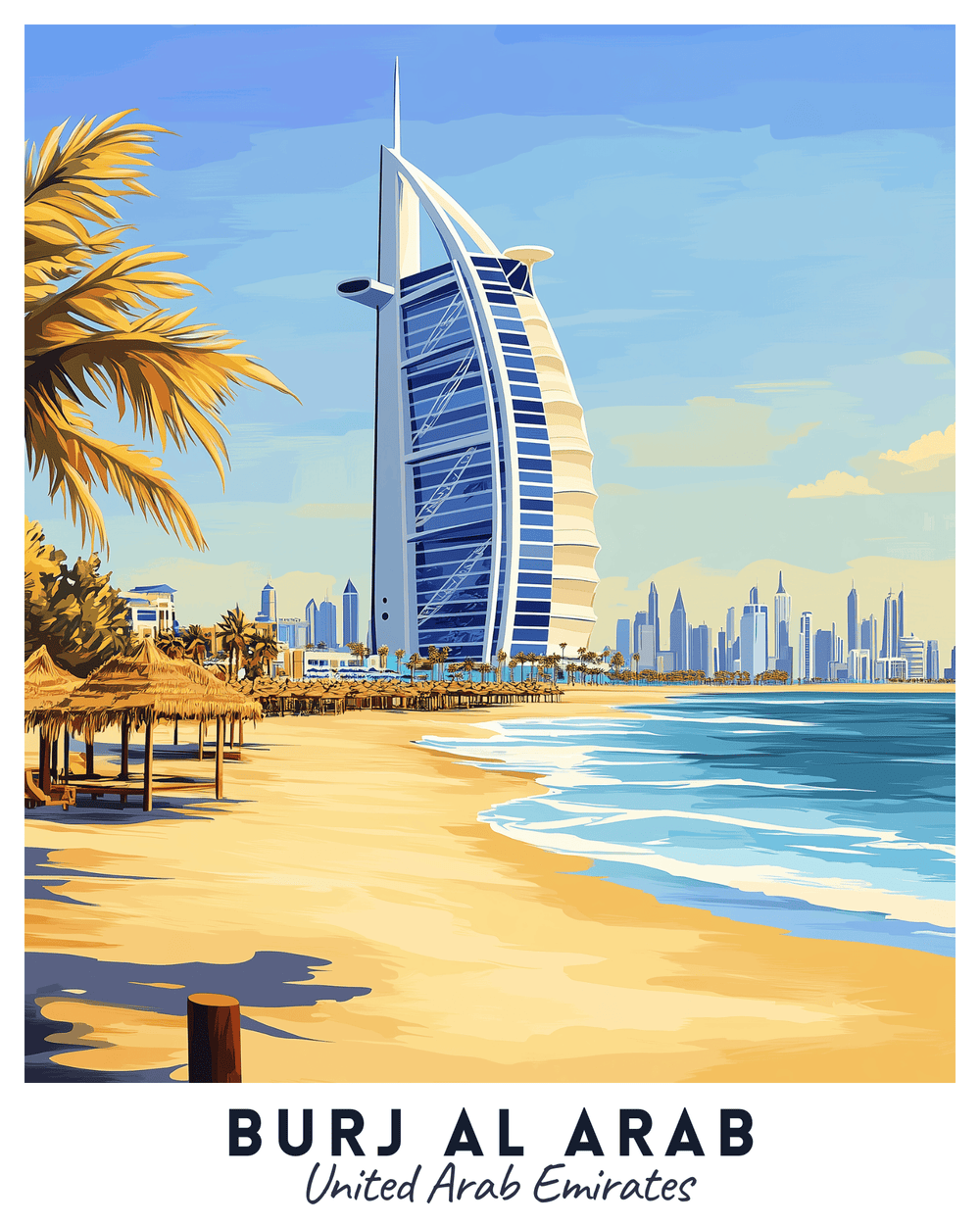 A travel poster paint by numbers kit depicting the Burj Al Arab in Dubai with a clear blue sky, palm trees, and a sandy beach in the foreground.