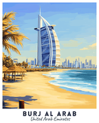 A travel poster paint by numbers kit depicting the Burj Al Arab in Dubai with a clear blue sky, palm trees, and a sandy beach in the foreground.