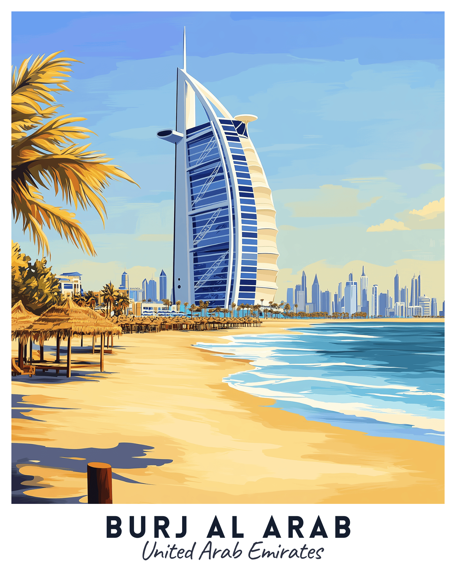 A travel poster paint by numbers kit depicting the Burj Al Arab in Dubai with a clear blue sky, palm trees, and a sandy beach in the foreground.