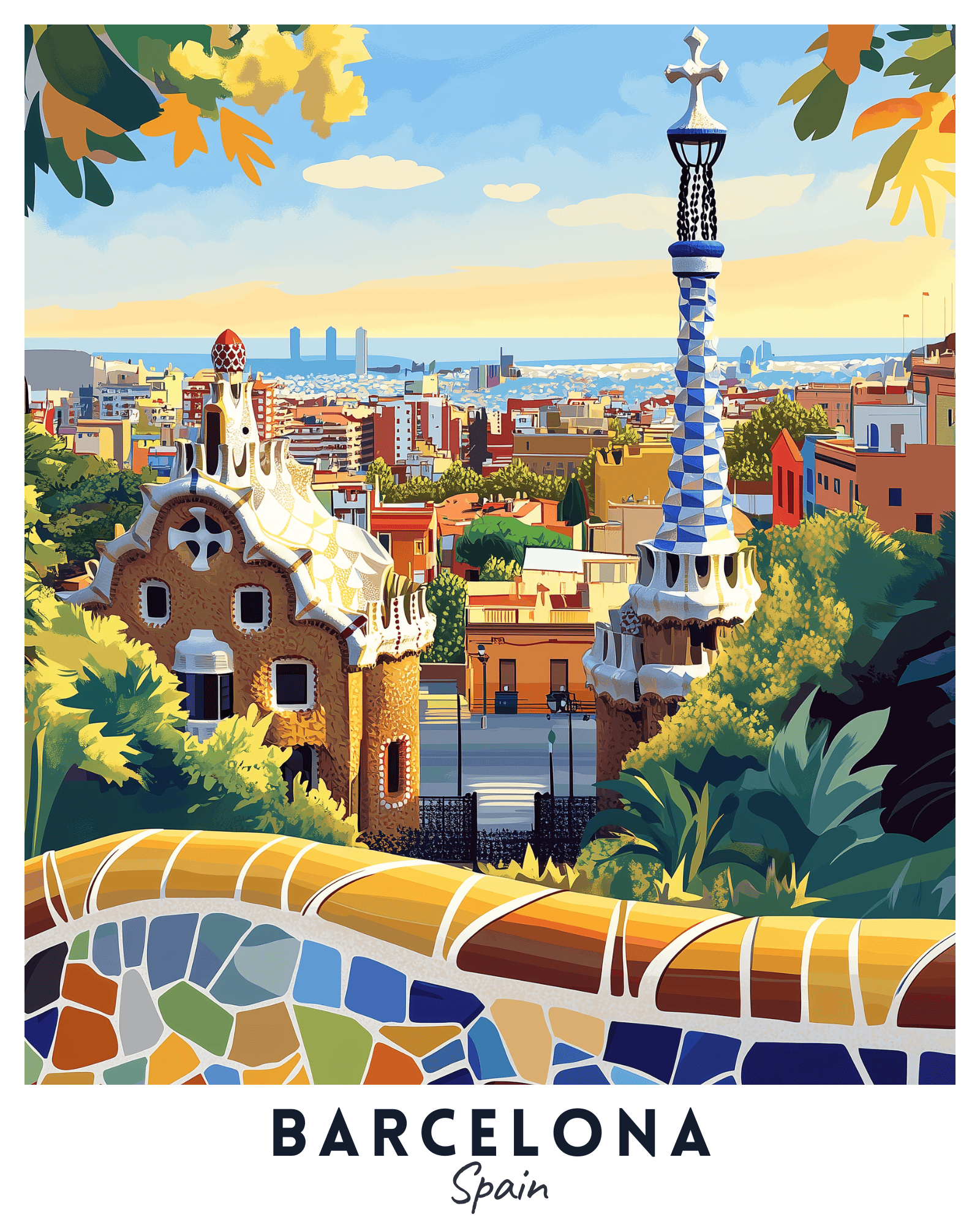 A vibrant travel poster depicting the skyline of Barcelona with famous landmarks such as Park Gübell, in a colorful artistic style.