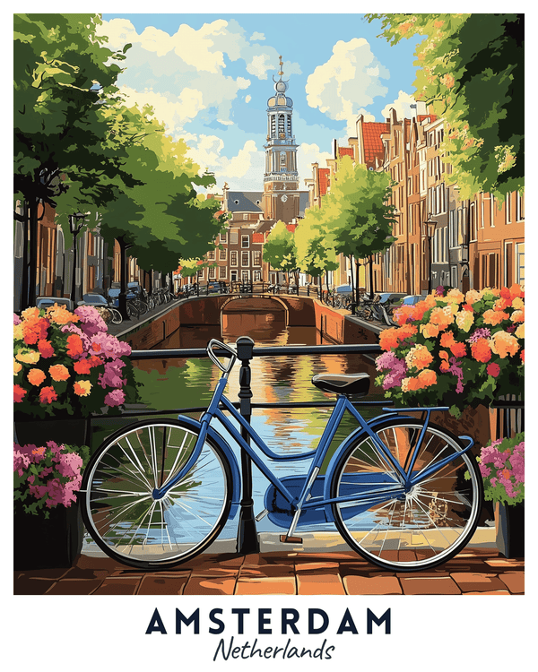 A travel poster depicting a vibrant scene with a bicycle parked alongside a canal, with colorful flowers and buildings in the background, titled 'Amsterdam Netherlands'.