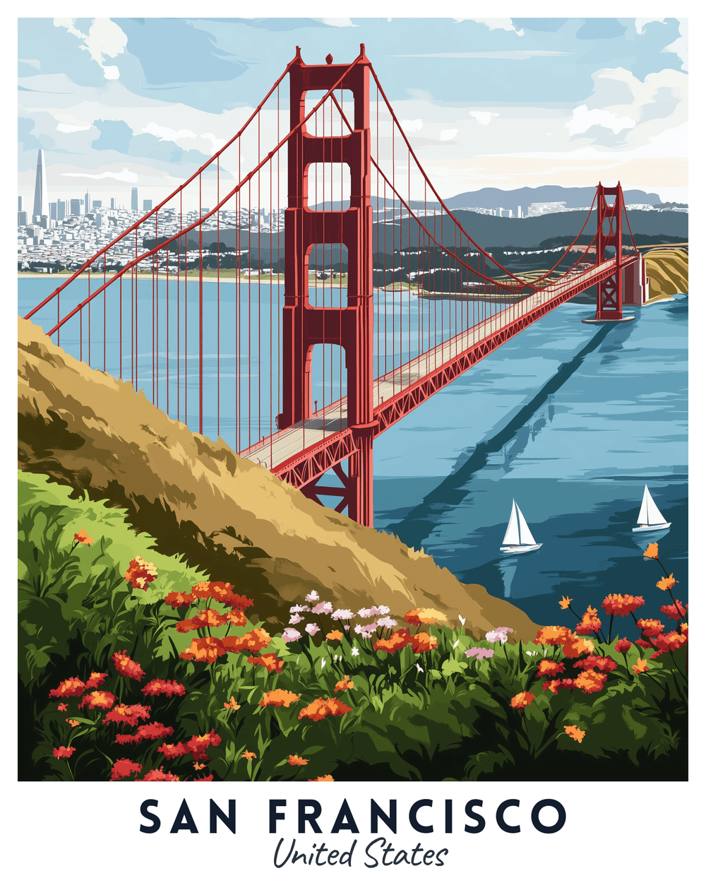 A travel poster depicting the Golden Gate Bridge in San Francisco with a vibrant blue sky, red bridge, green hills, and a colorful flower foreground. The poster has the text 'San Francisco, United States' at the bottom.