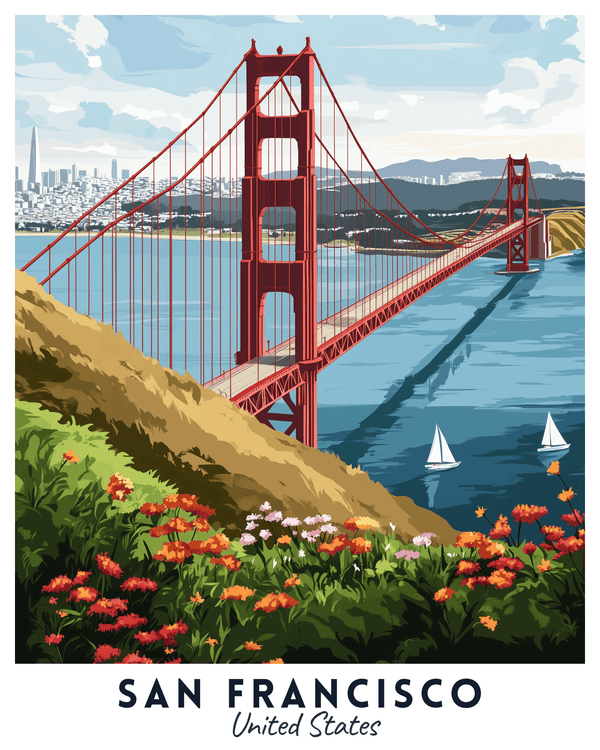 A travel poster depicting the Golden Gate Bridge in San Francisco with a vibrant blue sky, red bridge, green hills, and a colorful flower foreground. The poster has the text 'San Francisco, United States' at the bottom.