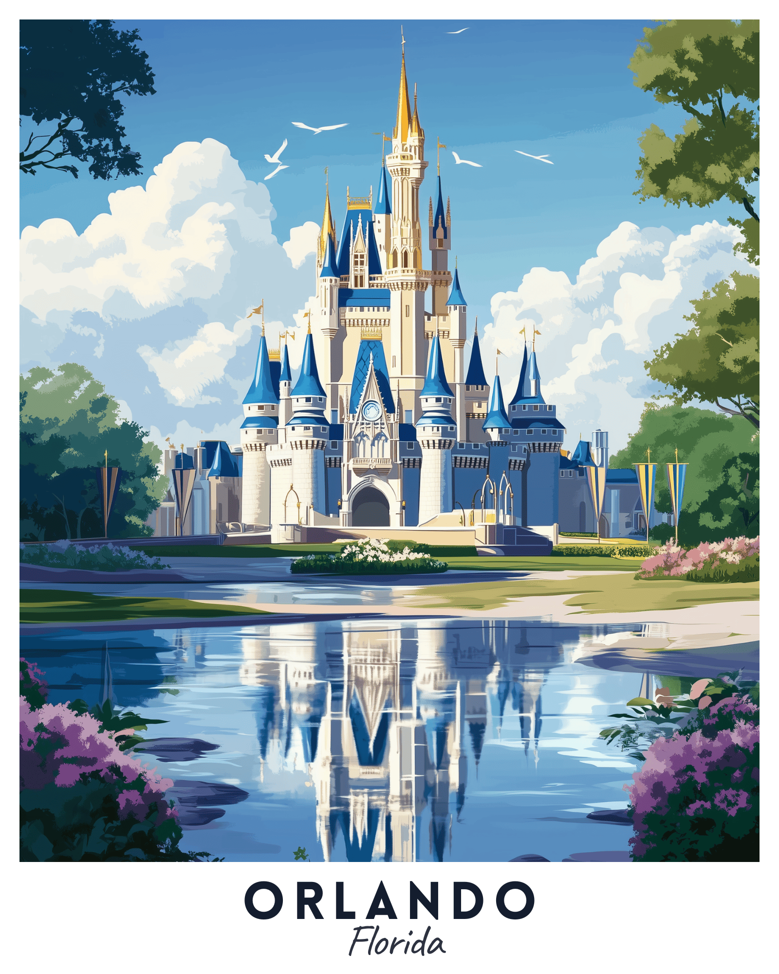 A paint by numbers kit depicting an Orlando travel poster with a castle, blue sky, greenery, and reflective waterway.