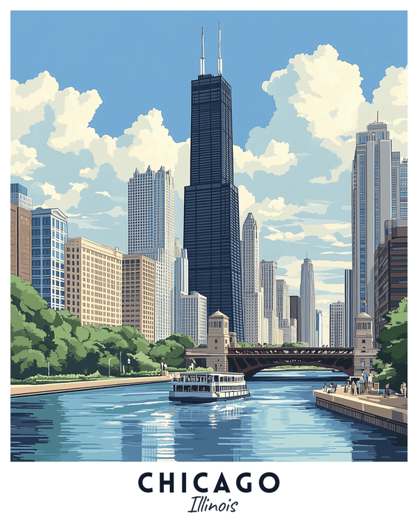 A vibrant travel poster depicting the skyline of Chicago with prominent buildings such as the Willis Tower, showcasing a clear blue sky, trees, and a bridge over a river.
