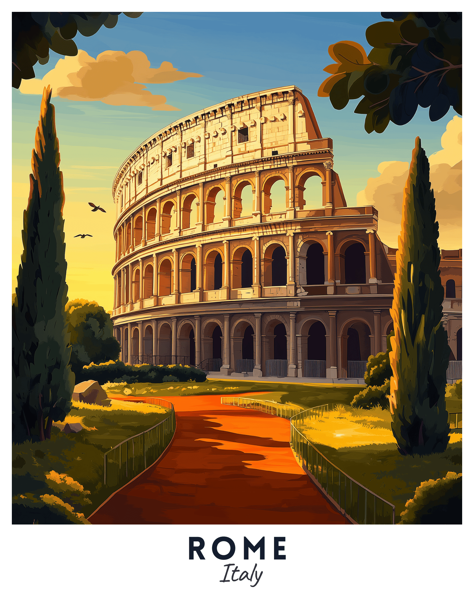 A travel poster depicting the Colosseum in Rome, Italy, with a pathway leading up to it, surrounded by greenery and a blue sky.