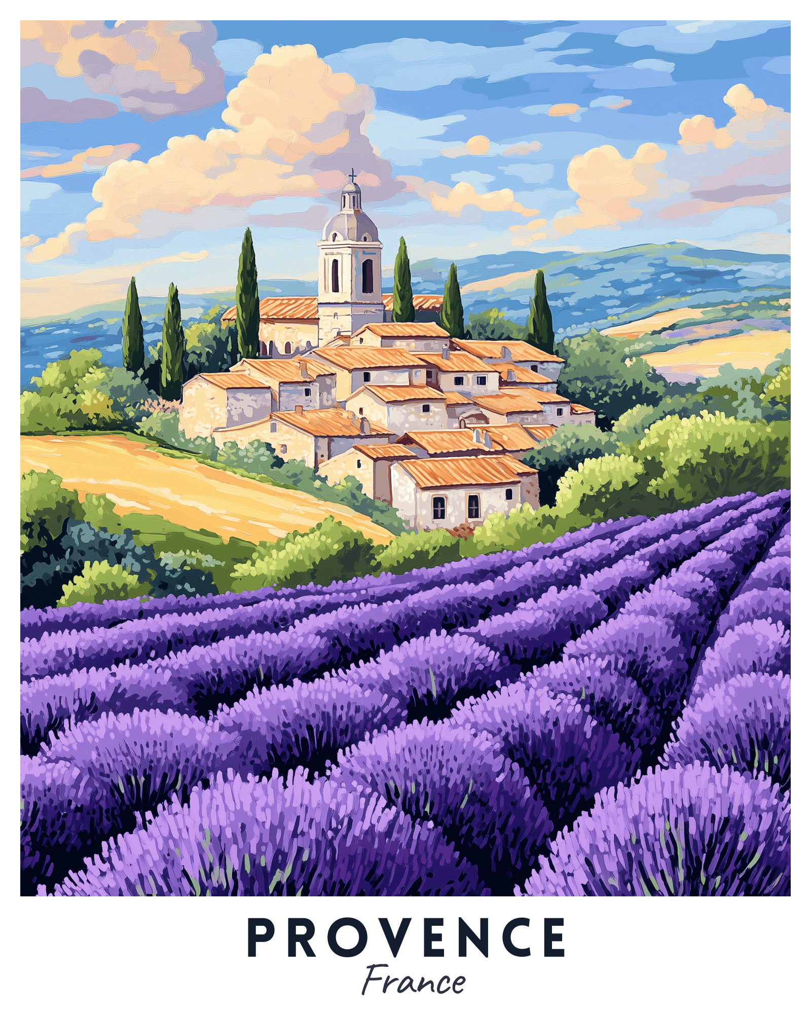 A travel poster depicting the scenic landscape of Provence, France, with lavender fields and a village.