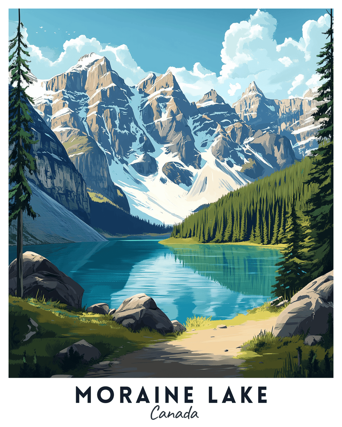 Ein Reiseposter, das einen malerischen Blick auf den Moraine Lake mit den umliegenden Bergen und einem klaren Himmel zeigt.