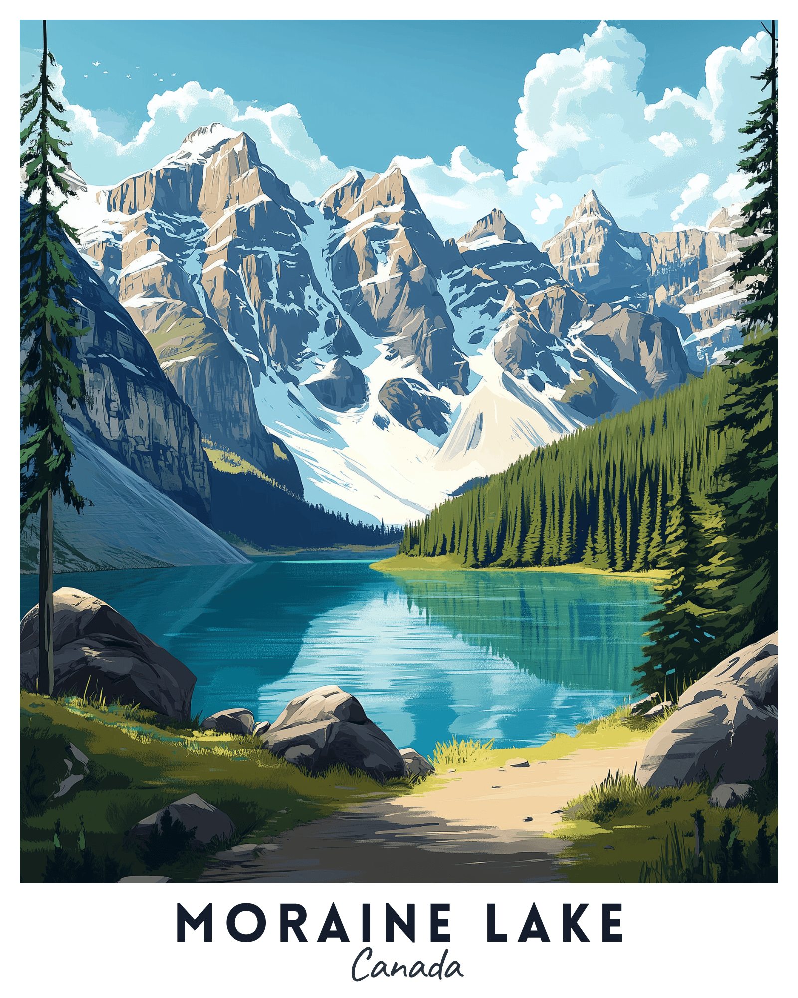 A travel poster depicting a scenic view of Moraine Lake with surrounding mountains and a clear sky.
