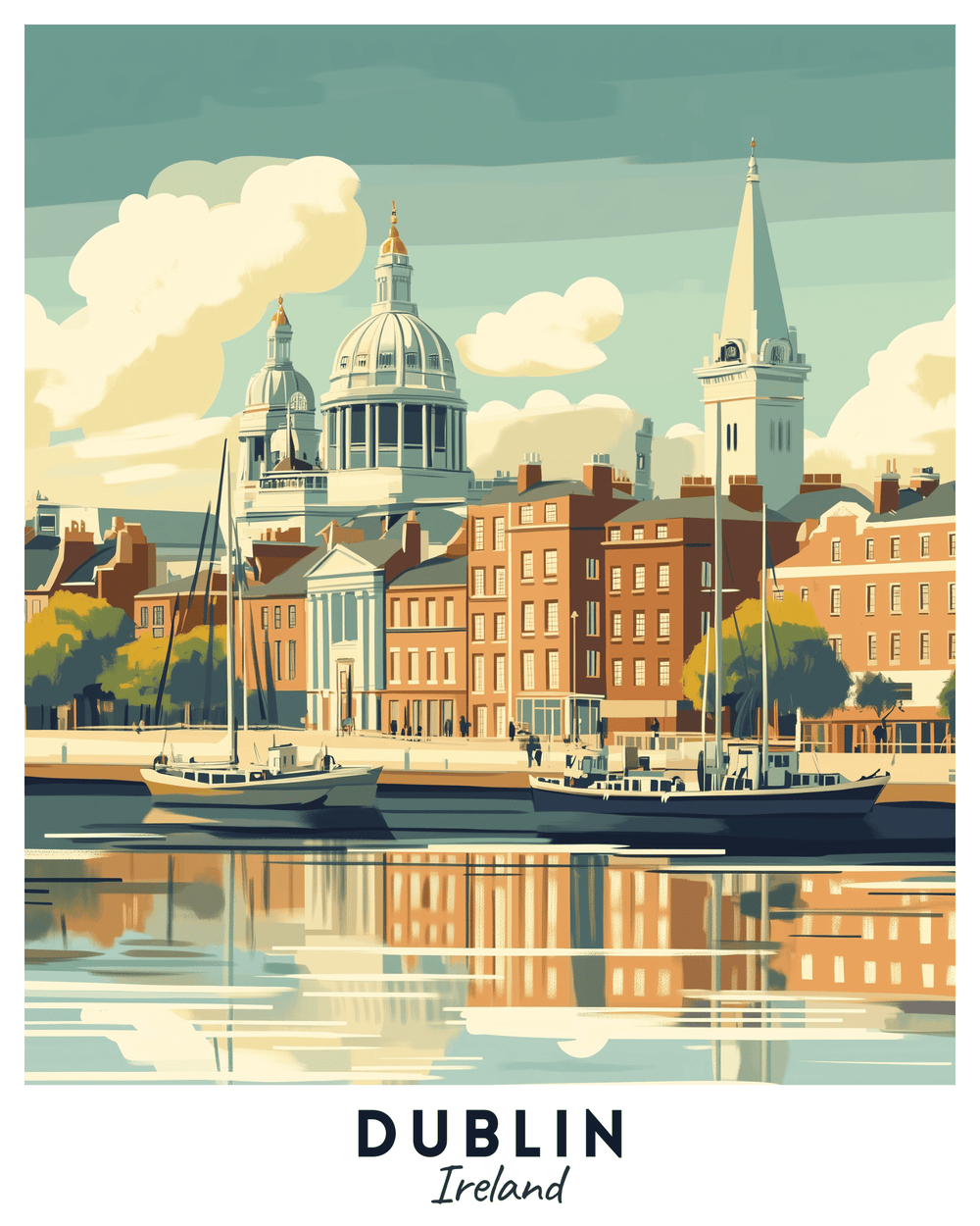 A paint by numbers kit depicting a travel poster of Dublin, Ireland, with iconic buildings and the River Liffey.