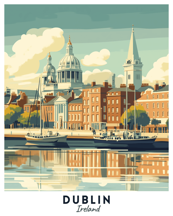 A paint by numbers kit depicting a travel poster of Dublin, Ireland, with iconic buildings and the River Liffey.
