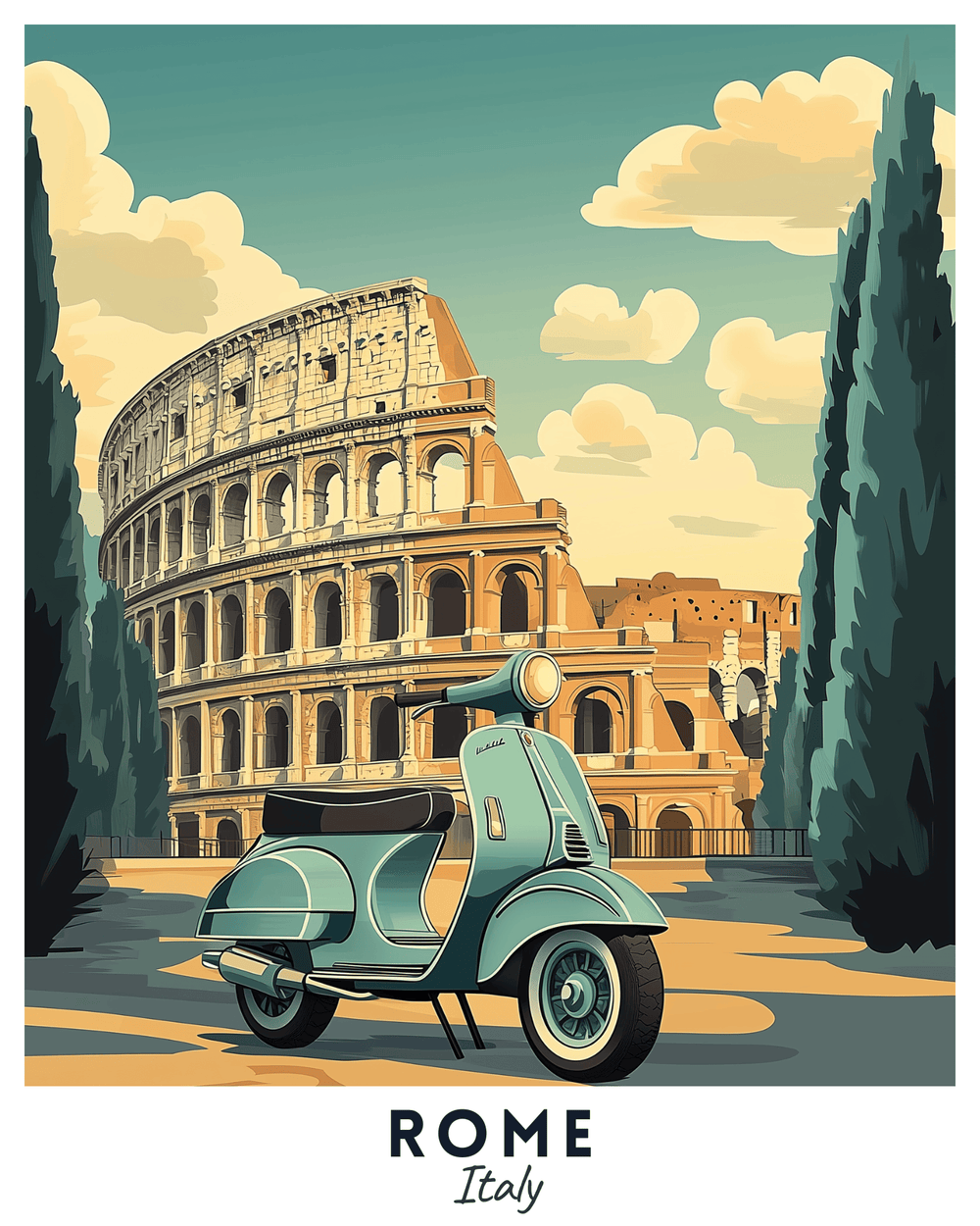 A paint by numbers kit depicting a travel poster image of Rome with the Colosseum and a Vespa scooter.