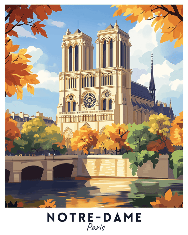 A travel poster depicting Notre-Dame Cathedral in Paris with autumn foliage and the Seine River.