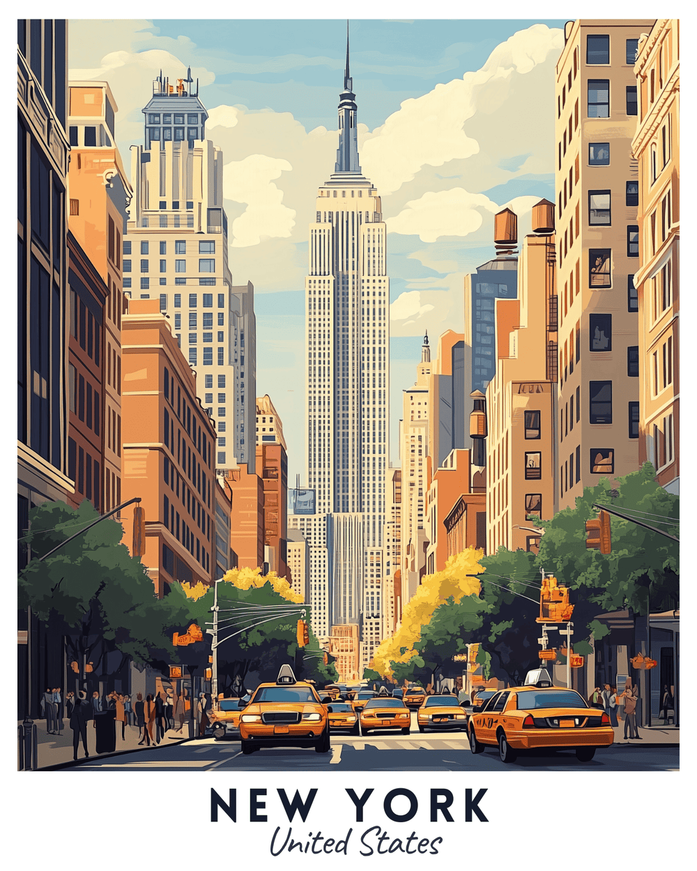 A travel poster depicting a vibrant street scene in New York City with the Empire State Building in the background. The poster includes yellow taxis, people, trees, and a clear sky.