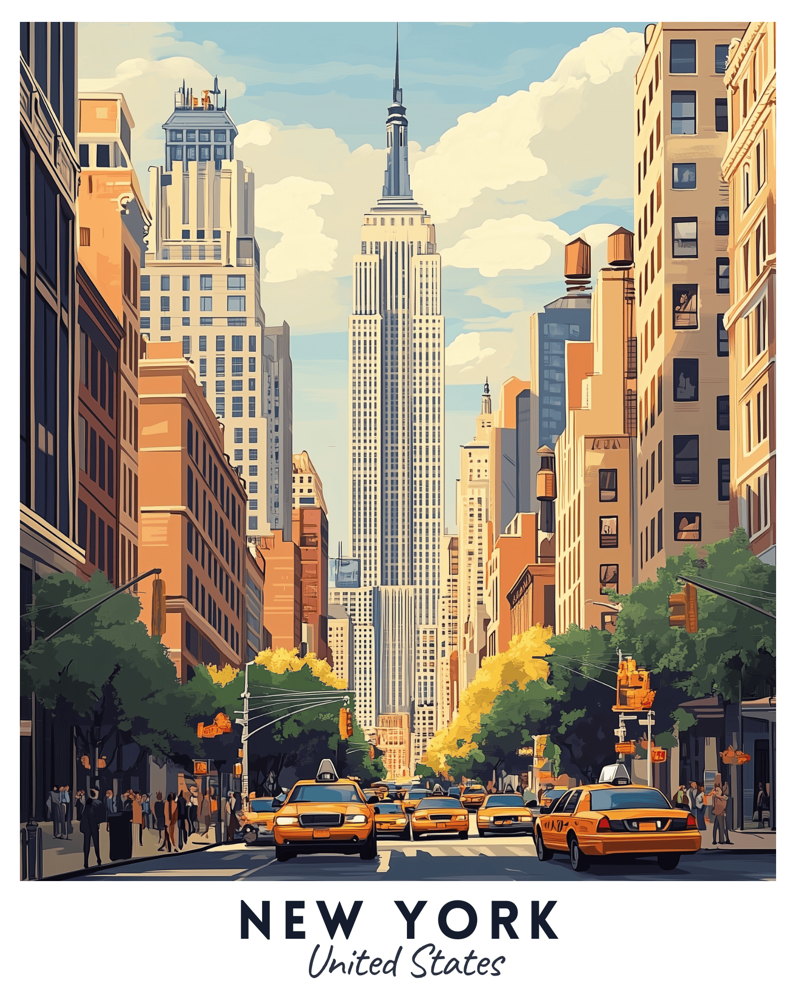 A travel poster depicting a vibrant street scene in New York City with the Empire State Building in the background. The poster includes yellow taxis, people, trees, and a clear sky.