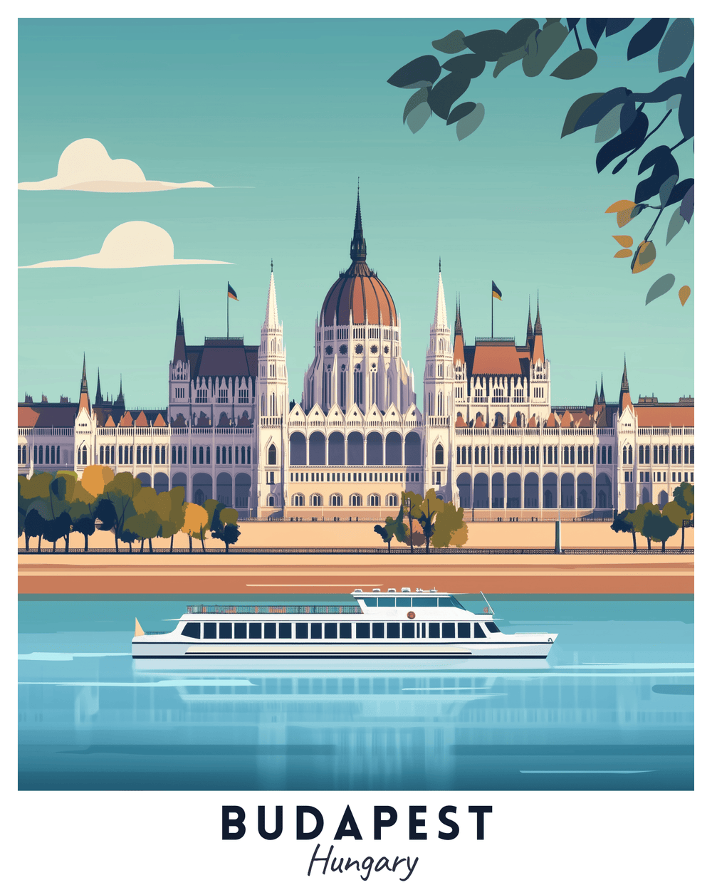 A travel poster depicting the Hungarian Parliament Building in Budapest with a riverboat on the Danube River. The background features a blue sky with clouds and the foreground has a reflection in the water.