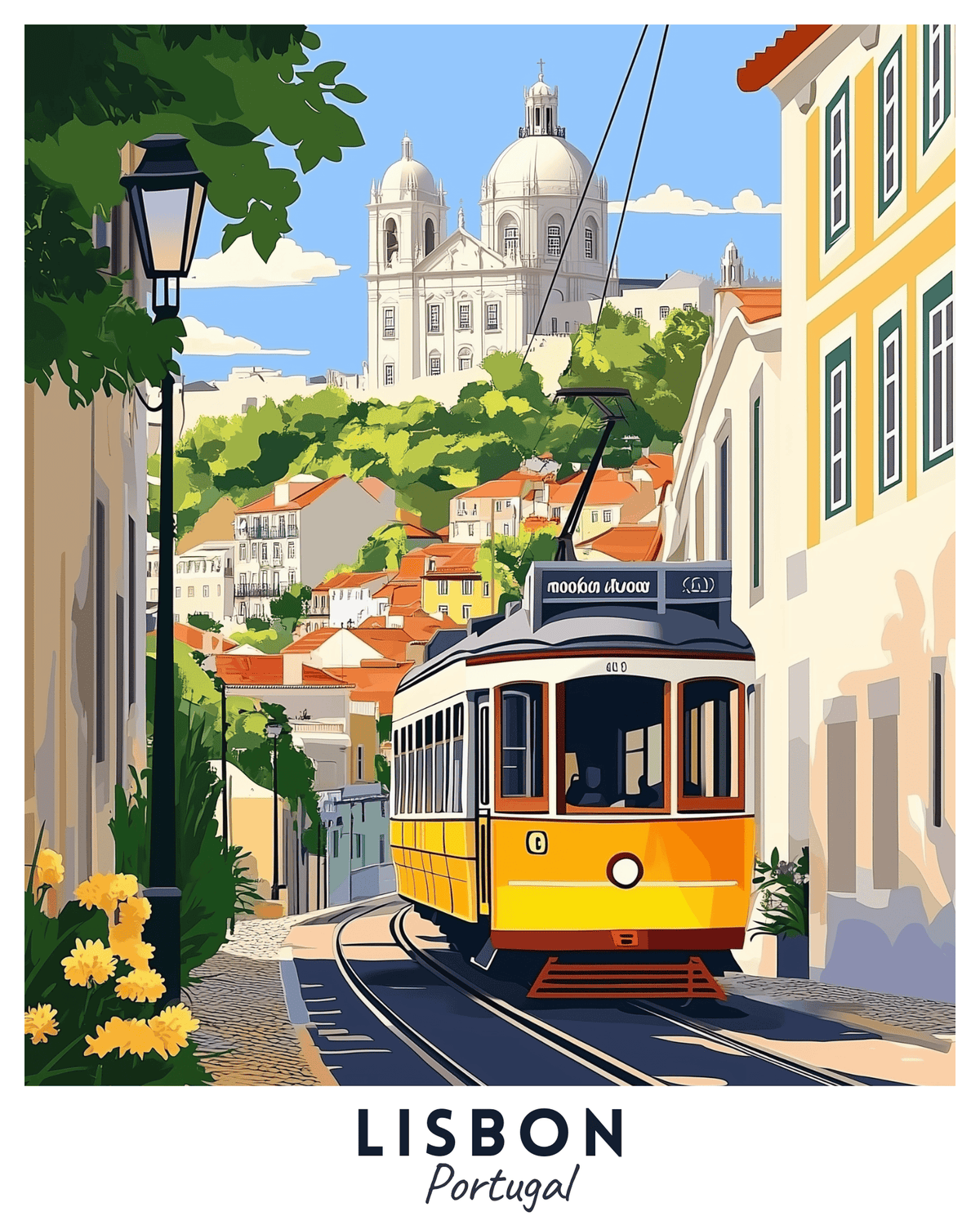 Ein Malen-nach-Zahlen-Set, das ein Reiseplakatbild von Lissabon zeigt, mit einer gelben Straßenbahn auf einer Straße mit bunten Gebäuden und einer Kuppel im Hintergrund.