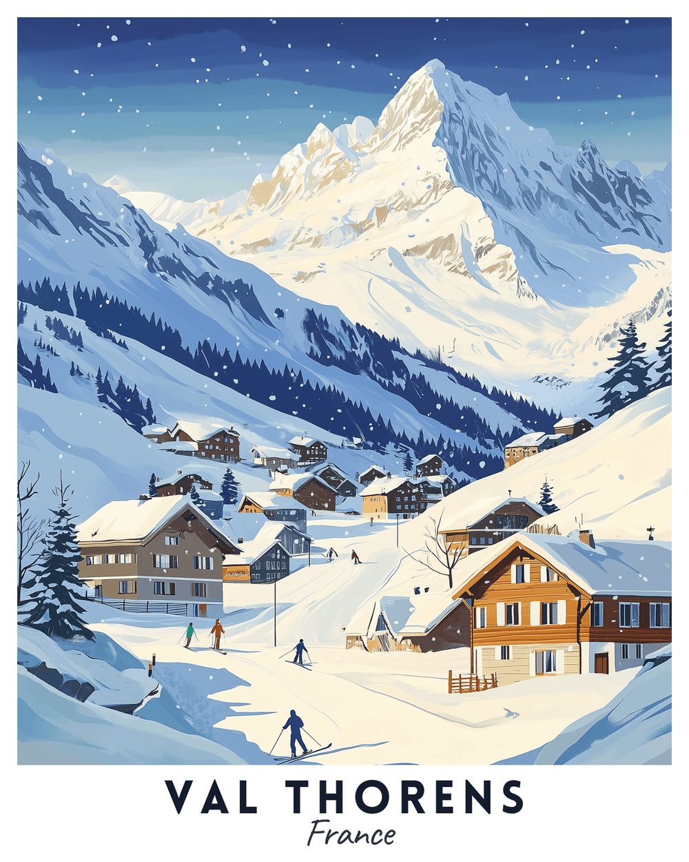 A paint by numbers kit depicting a winter scene of a snowy alpine village with mountains in the background, titled 'VAL THORENS France'.