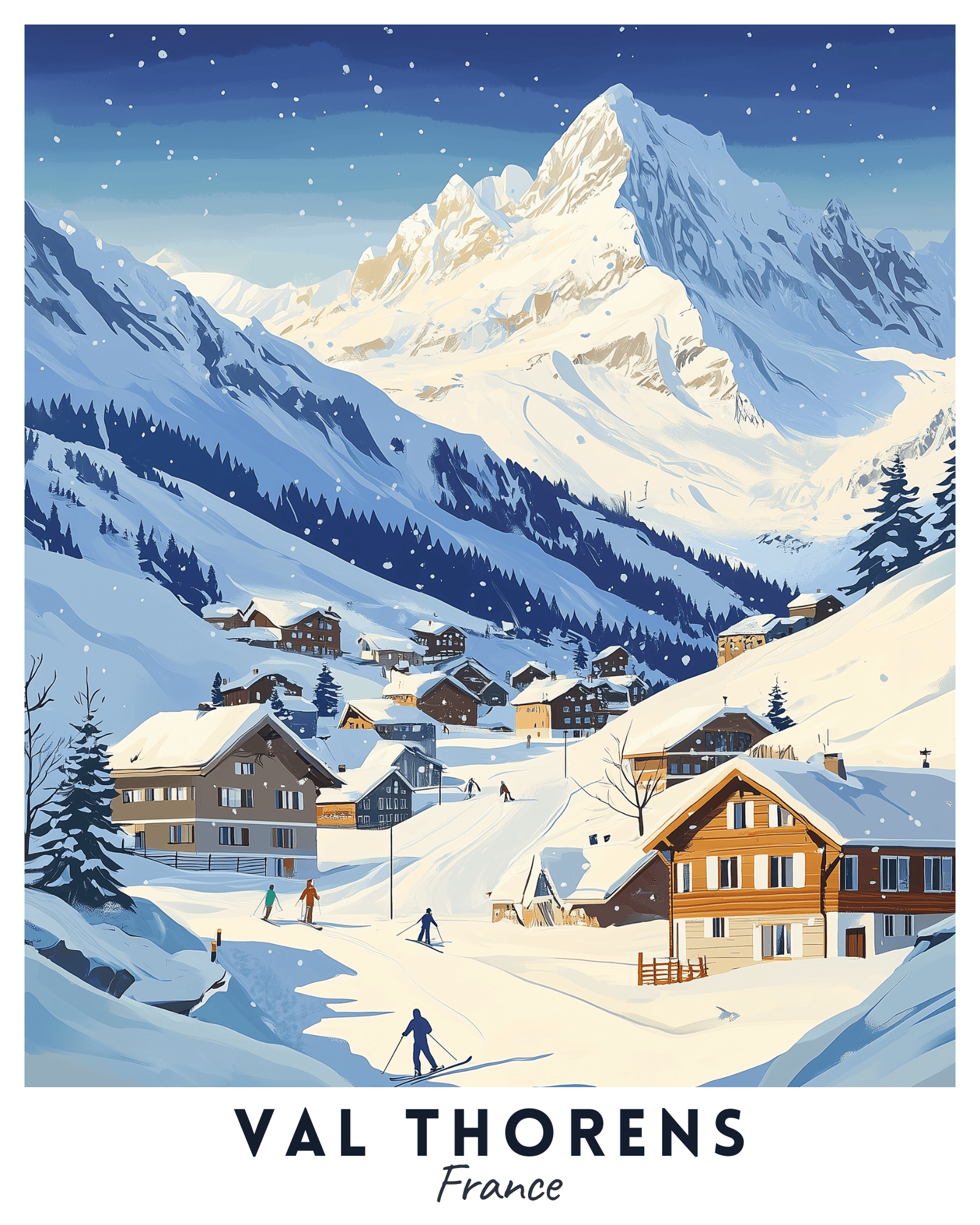 A paint by numbers kit depicting a winter scene of a snowy alpine village with mountains in the background, titled 'VAL THORENS France'.