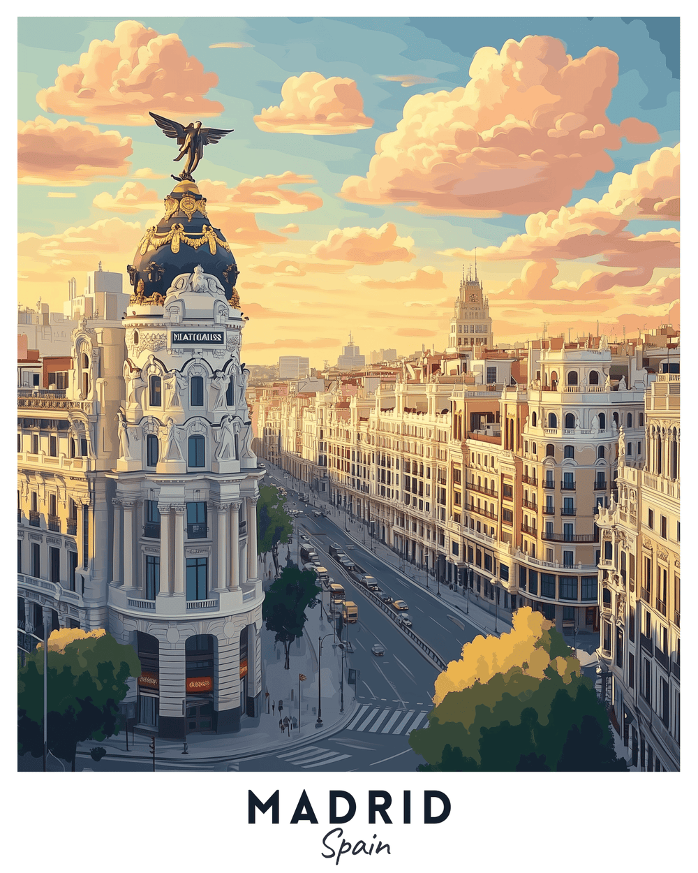 A travel poster depicting a vibrant cityscape of Madrid, Spain, with prominent buildings and a clear sky.