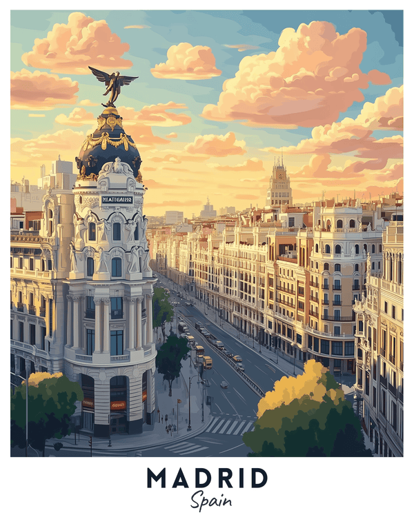 A travel poster depicting a vibrant cityscape of Madrid, Spain, with prominent buildings and a clear sky.