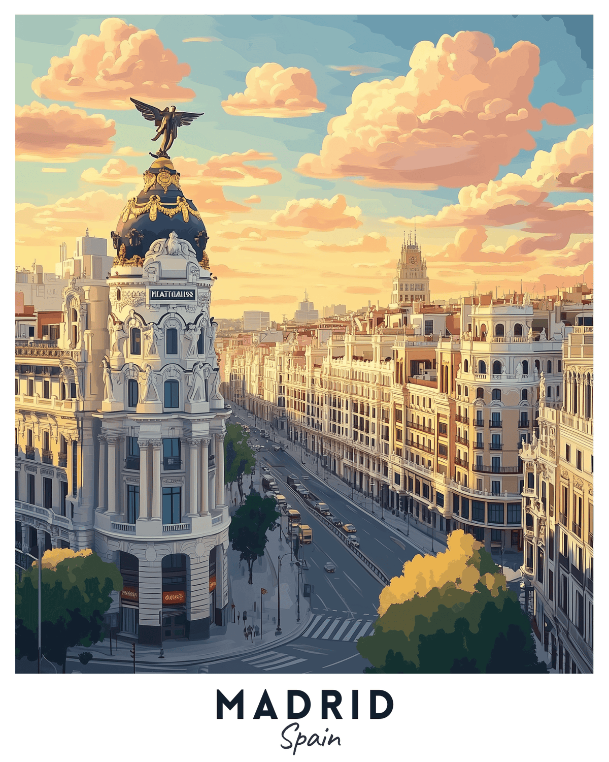 Ein Reiseplakat, das ein lebendiges Stadtbild von Madrid, Spanien, mit markanten Gebäuden und klarem Himmel zeigt.