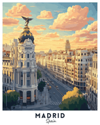 A travel poster depicting a vibrant cityscape of Madrid, Spain, with prominent buildings and a clear sky.