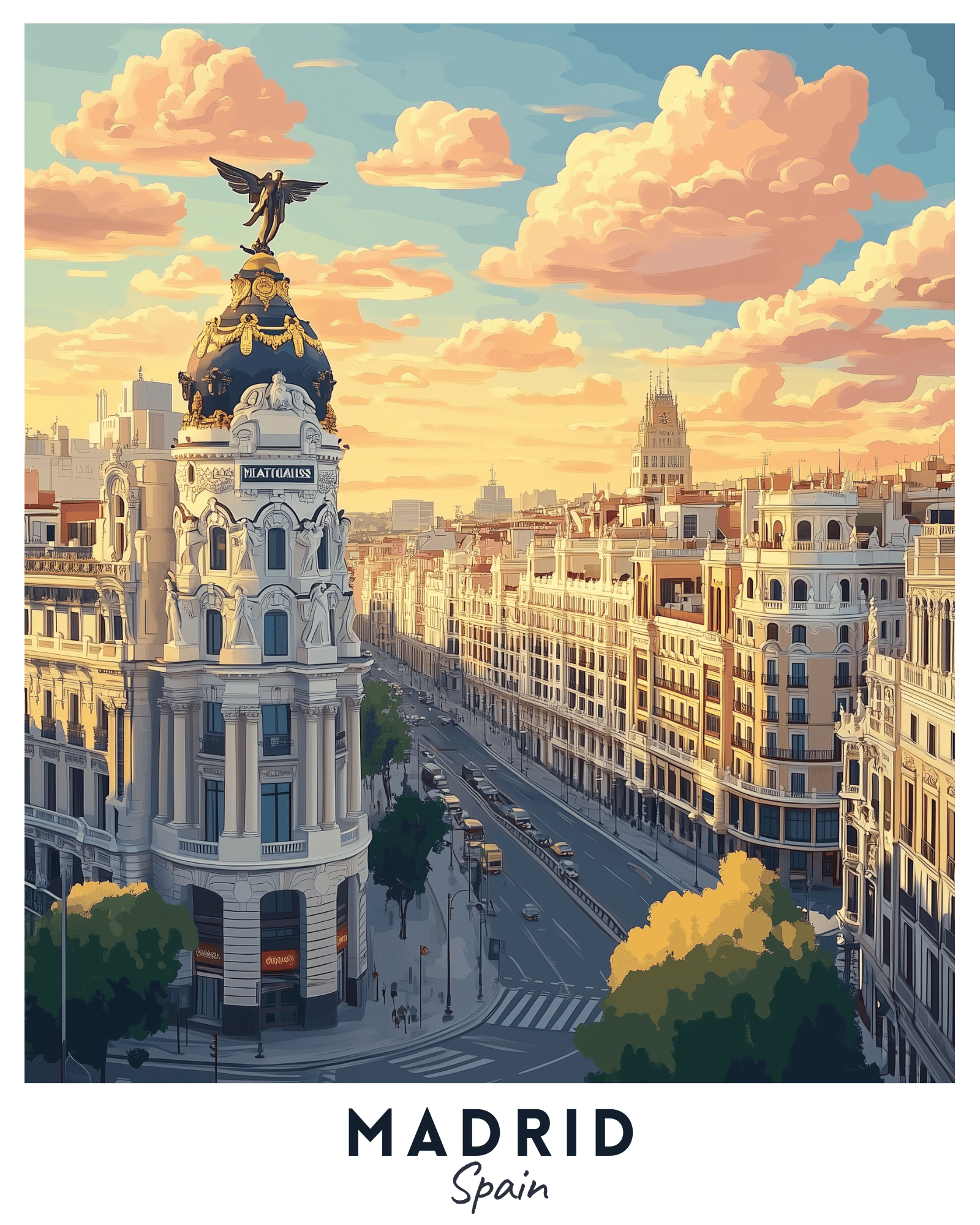A travel poster depicting a vibrant cityscape of Madrid, Spain, with prominent buildings and a clear sky.