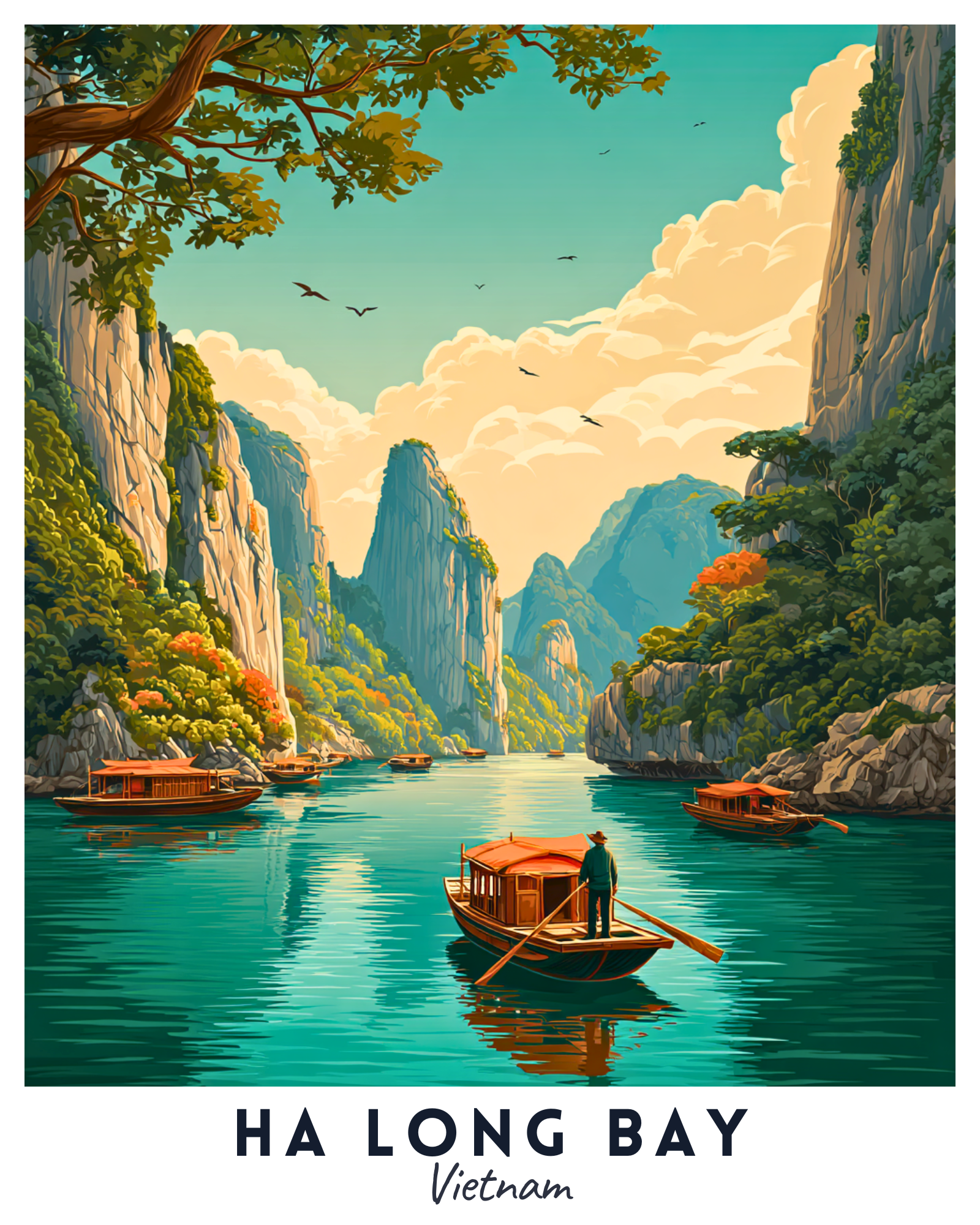 Illustration of Ha Long Bay with boats and mountains, featuring the text 'Ha Long Bay Vietnam'.