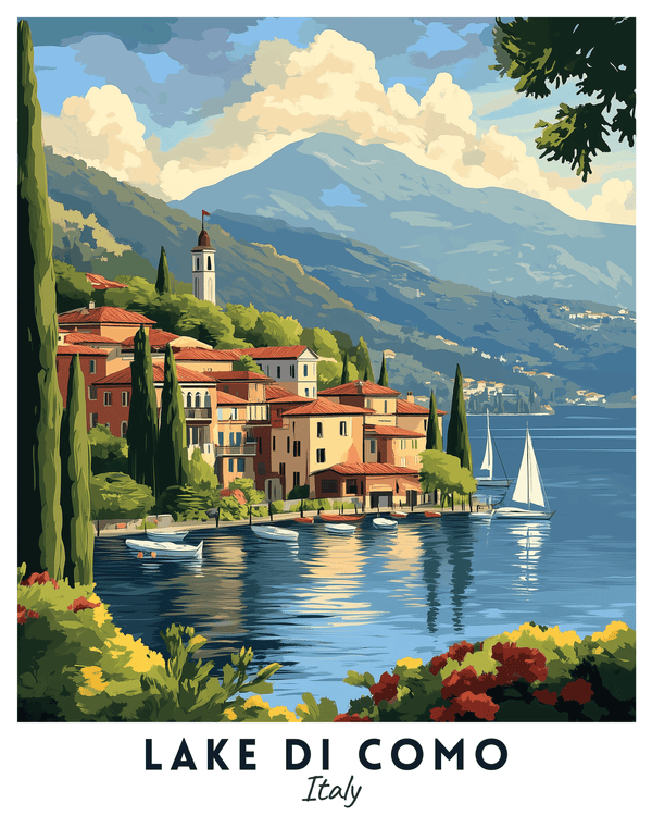 A travel poster depicting a vibrant scene of Lake di Como, Italy with sunlit villas, clear blue water, and rolling hills in the background.