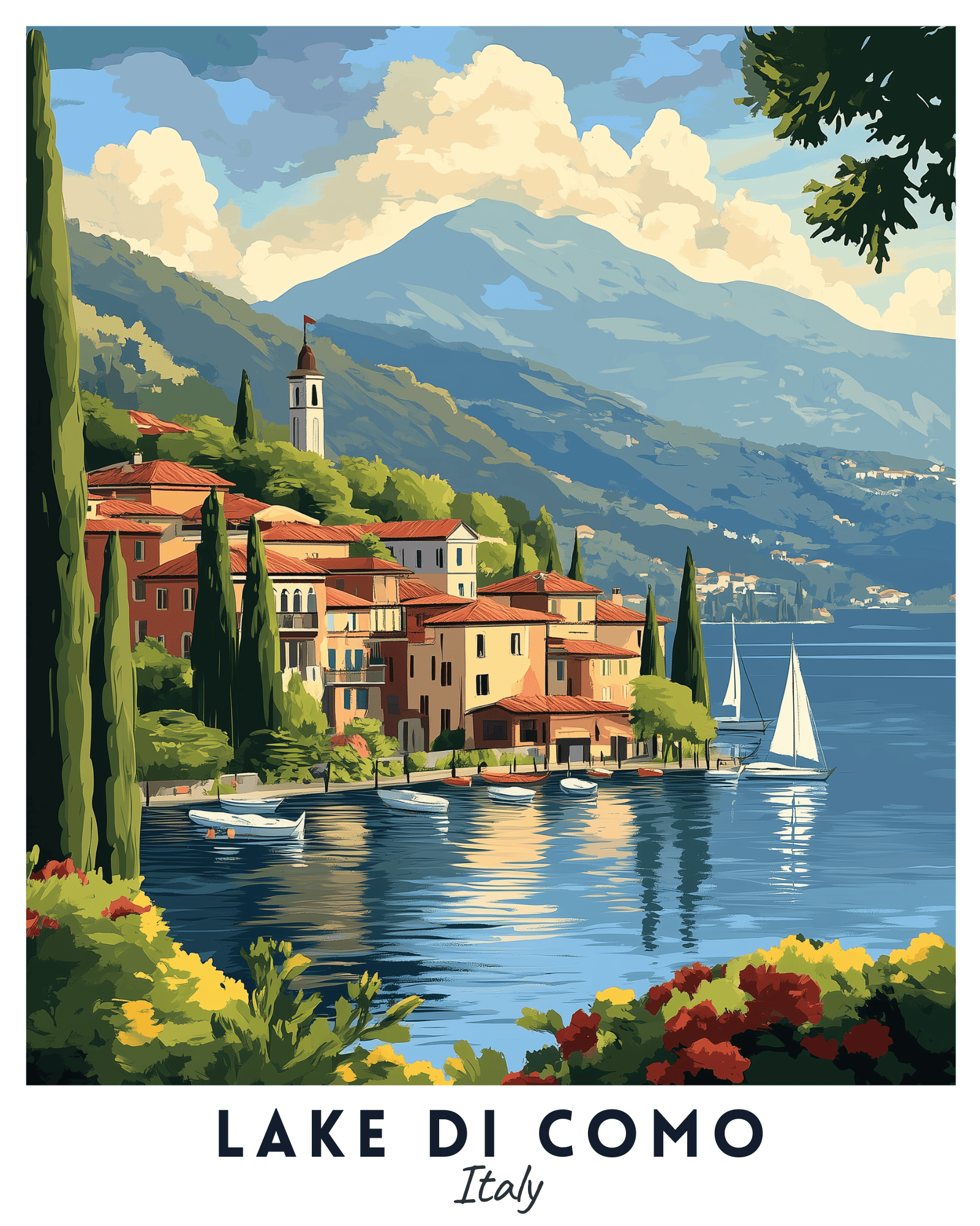 A travel poster depicting a vibrant scene of Lake di Como, Italy with sunlit villas, clear blue water, and rolling hills in the background.