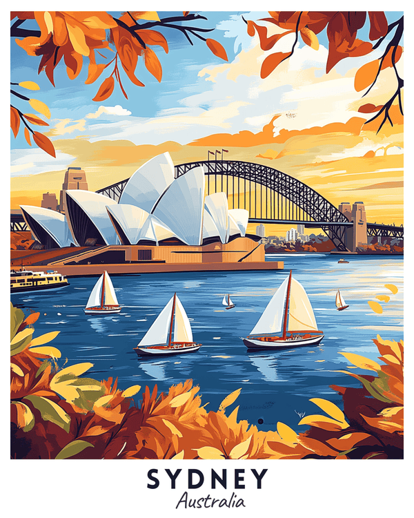 A travel poster paint by numbers kit featuring iconic Sydney landmarks such as the Opera House and Harbor Bridge, with sailboats on the water, surrounded by autumn-colored leaves.