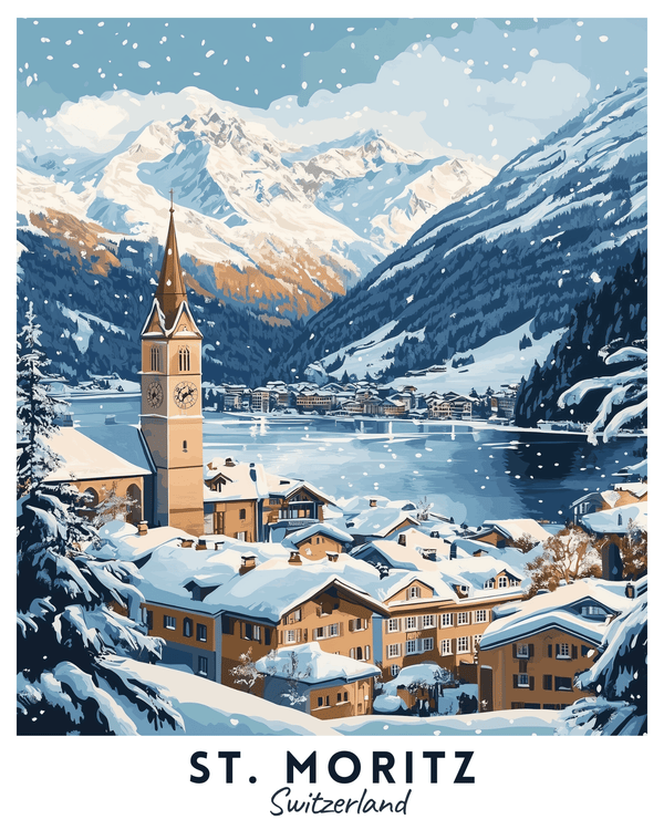 A paint by numbers kit depicting a winter scene of St. Moritz with snow-covered mountains, a village, and a lake.