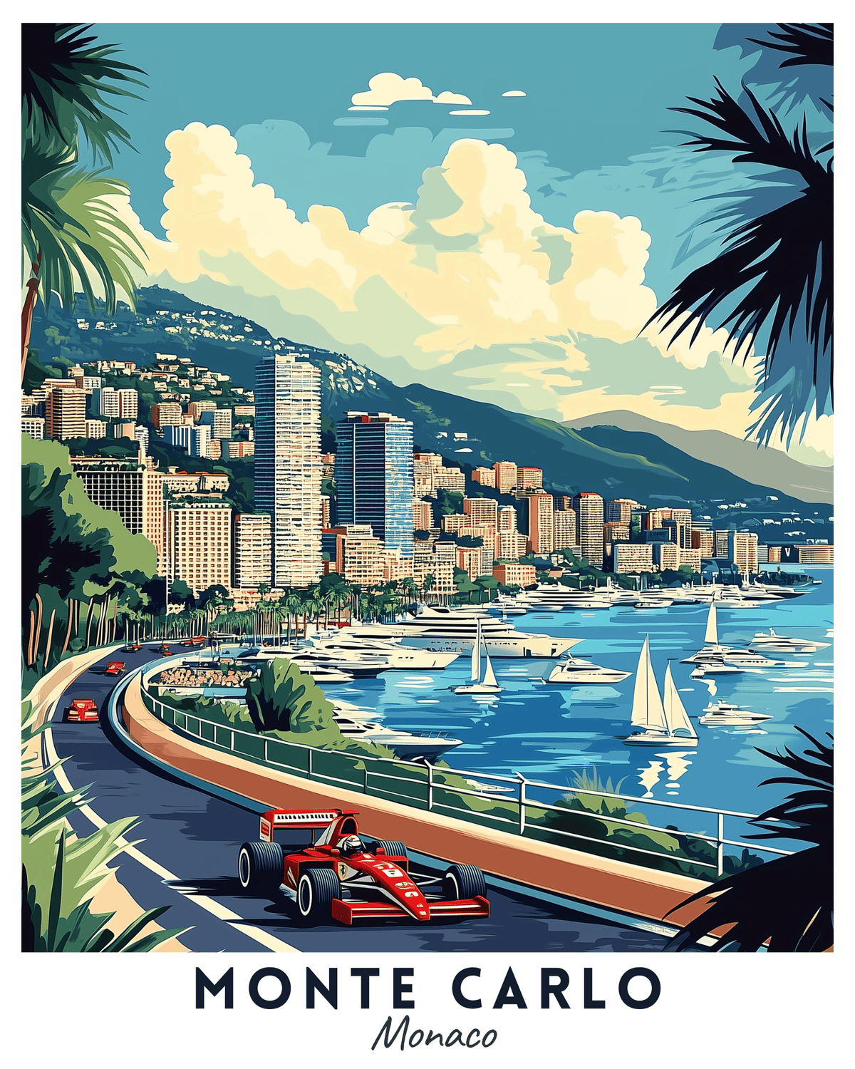 Ein Reiseplakat, das eine lebendige Szene von Monte Carlo, Monaco, mit einem Formel-1-Auto auf der Straße, Luxusyachten im Hafen und einer Stadtlandschaft im Hintergrund zeigt. Das Poster ist farbenfroh und zeigt einen klaren blauen Himmel, grüne Palmen und eine weiß-blaue Ästhetik.