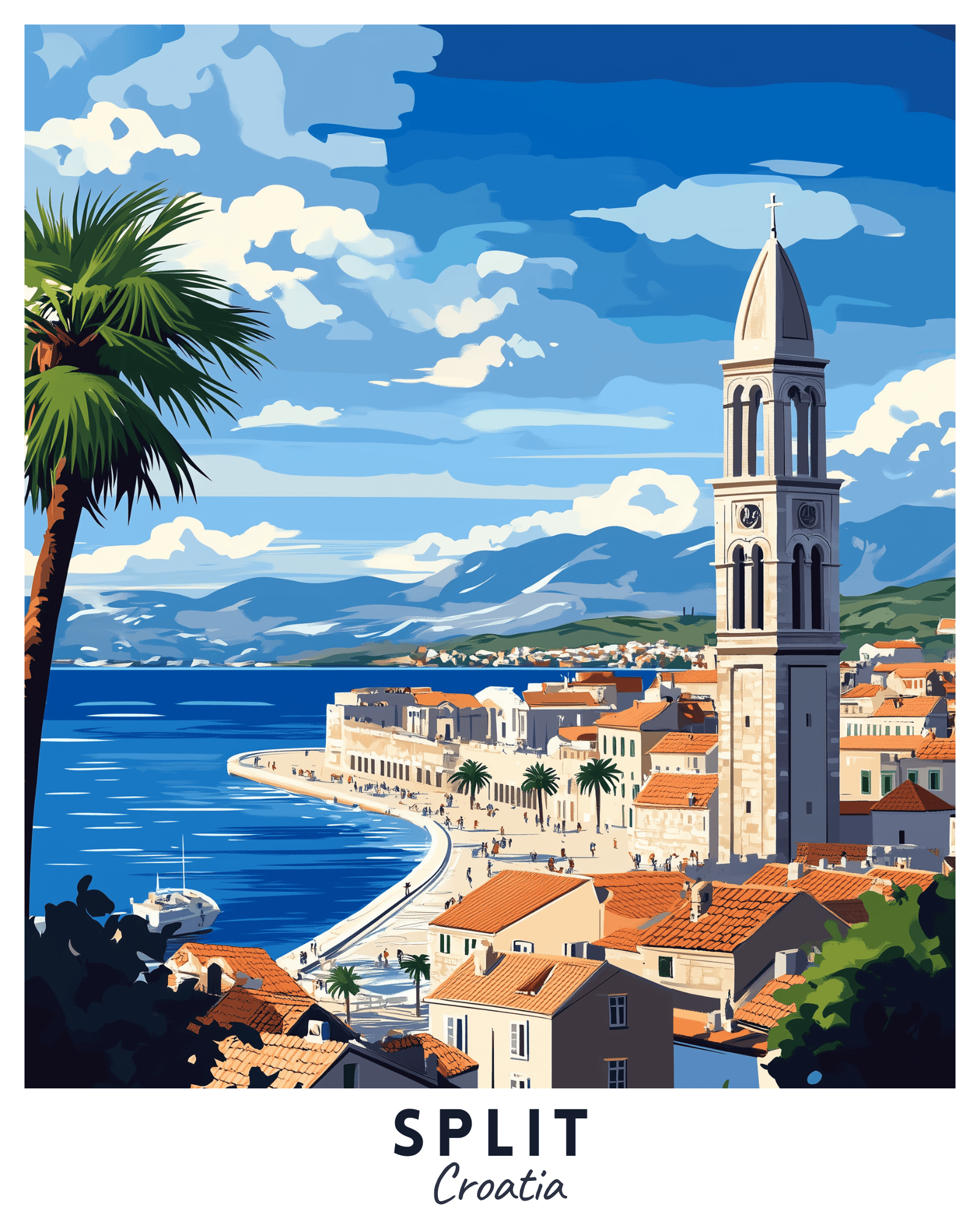A travel poster paint by numbers kit featuring a vibrant depiction of Split, Croatia with terracotta rooftops, a bell tower, and palm trees by the sea.