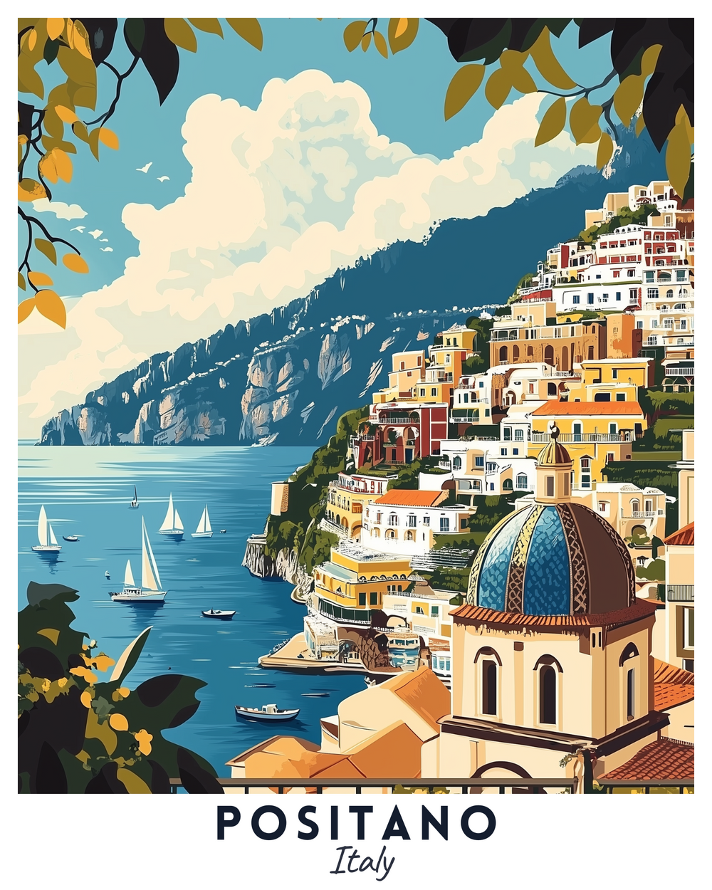 A travel poster depicting the town of Positano in Italy with colorful buildings on the hillside, a dome, and sailboats in the sea.