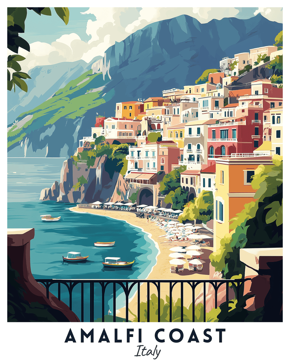 A vibrant paint by numbers travel poster depicting the Amalfi Coast with colorful buildings on the cliffs, a clear blue sea, and boats in the foreground.